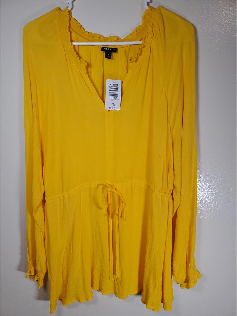 Torrid NWT Esther Peasant Blouse 2X Sunny Canary Yellow, Drawstring, Resort Wear